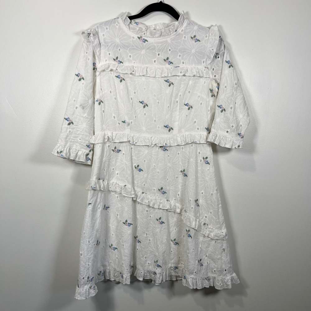 JessaKae Women Floral Eyelet Ruffle Mini Dress Cottagecore White L Fits S/M